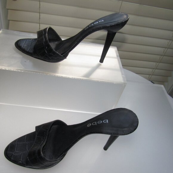 Bebe Black Croc-Embossed Slip-On Stiletto Heels | Sexy Minimalist Mules Size 9M - Picture 5 of 7